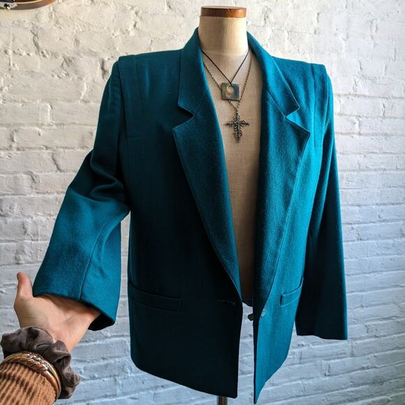 Vintage Green Blue Wool Blazer Classic Preppy Oversize Minimalist Grandpa Jacket - Picture 1 of 10